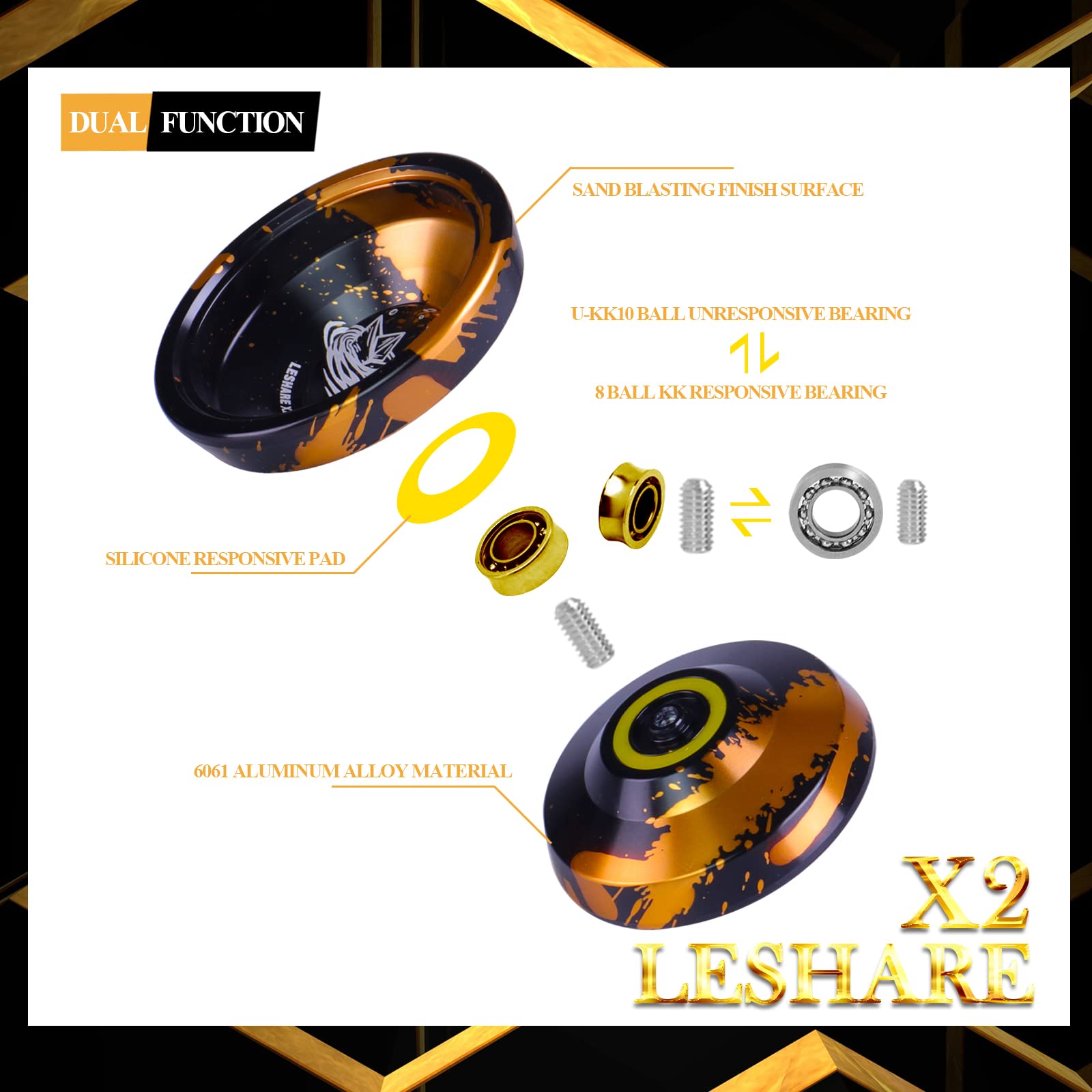 LESHARE X2 Dual-Mode Yoyo for Advanced Players & Kids Beginners - Convertible Unresponsive/Responsive Bearings, Gloves, 5 Strings-Black Gold