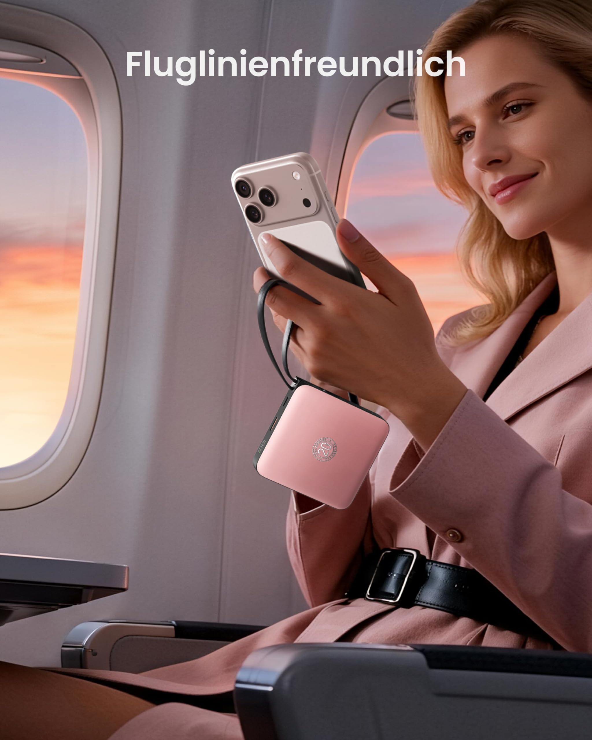 Coowisty Powerbank 22,5W Power Bank mit Kabel 20000mAh USB-C Schnellladung Klein Externe Handyakkus & LED-Display Mini Tragbares Ladegerät Kompatibel mit iPhone 17 16 15 Xiaomi Samsung iPad (Rosa) 8