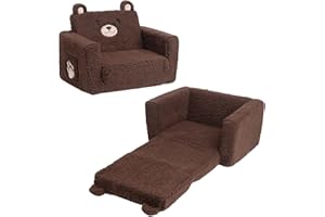 ALIMORDEN Fold Out Toddler Couch, Comfy 2-in-1 Cuddly Sherpa Bear Chair for Kids, Convertible Sofa to Lounger, Kids Cozy Corner Play Couch for Boys and Girls, Chocolate