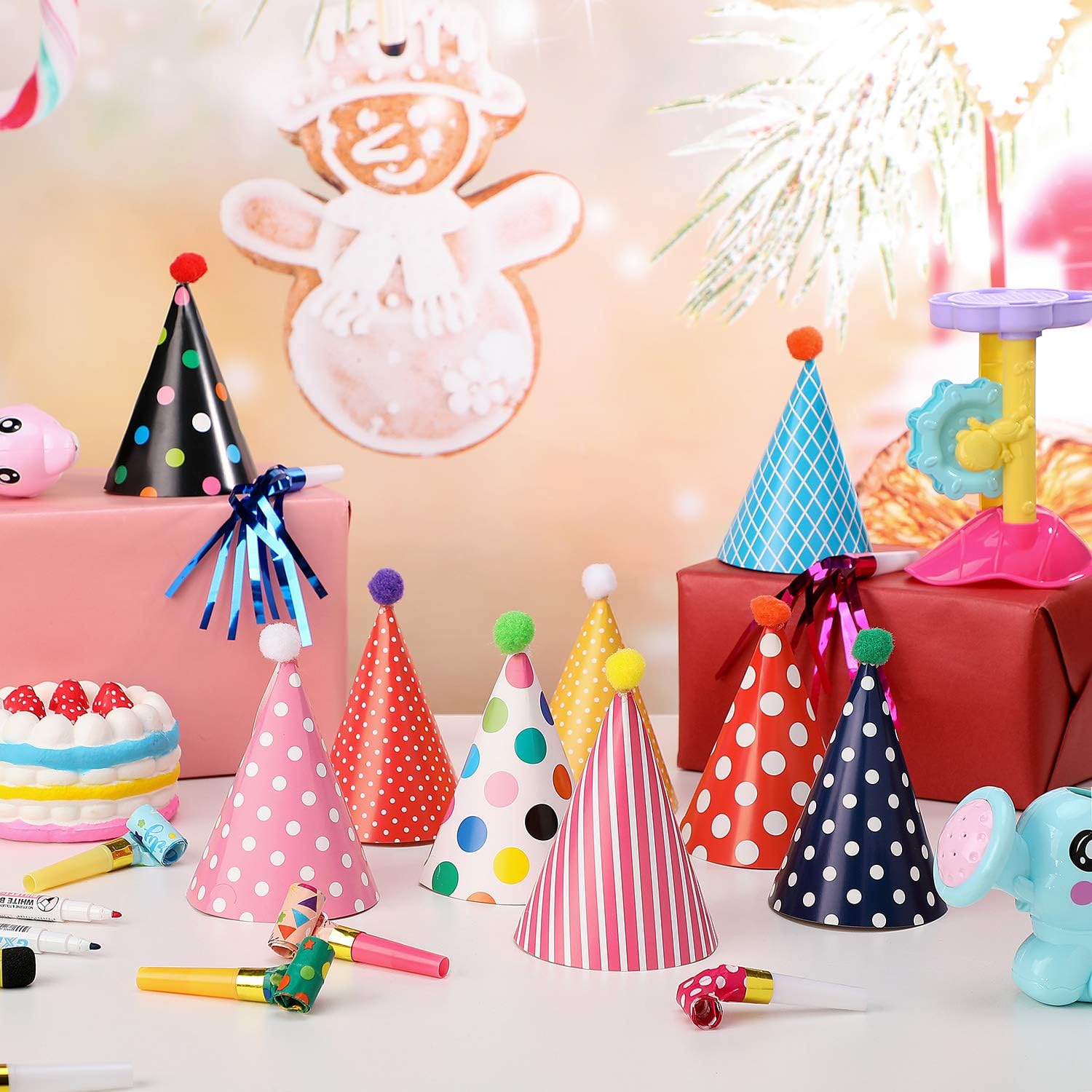 9 Pieces Birthday Party Hats Adorable Party Cone Hats with 24 Colorful Paper Blowouts and 24 Glittering Metallic Tassel Blowouts for Birthday Party: Clothing
