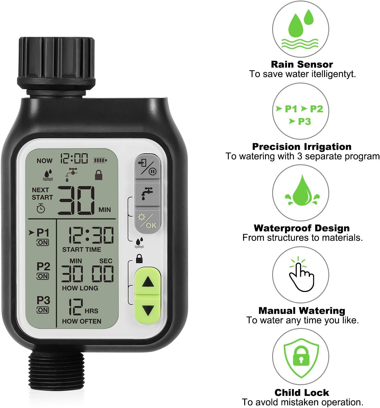 johgee Sprinkler Water Timer Digital Irrigation Timer Programmable Watering Timer Water Timer IP65 Waterproof/Rain Delay/Child Lock Mode/Auto&Manual Mode/Rain Sensor Function: Home & Kitchen