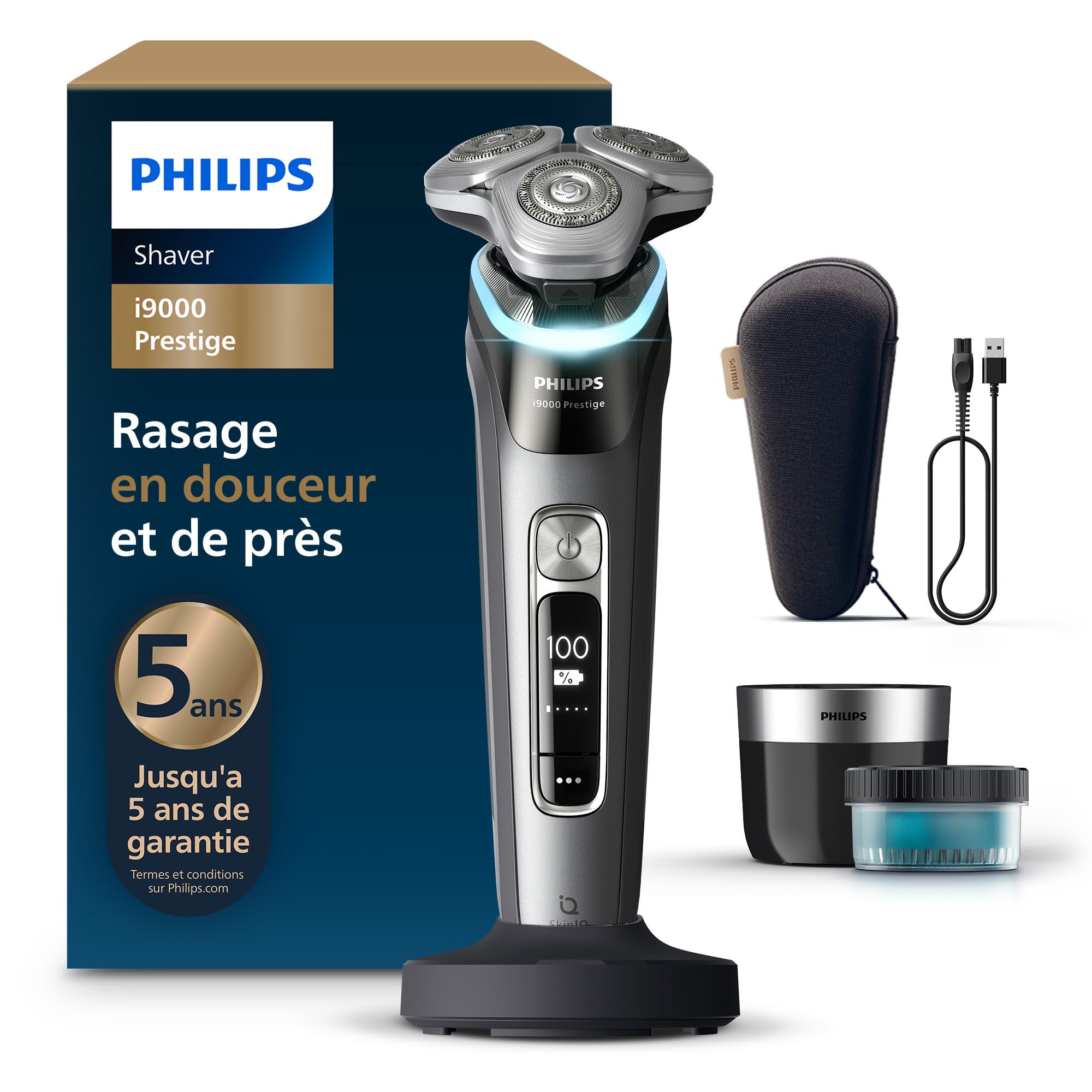 Philips Rasoir i9000 Prestige, Rasoir électrique sec et humide, avec technologie Skin IQ, système Triple Lift & Cut, lames rotatives à 360° SteelPrecision, dosette à nettoyage rapide, modèle XP9202/30