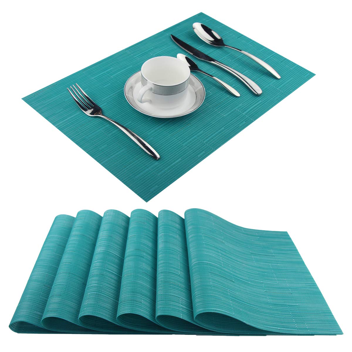 Panda Palm Plastic Placemats,Non Slip Washable Placemats for Dining Table Wipe Clean Table Mats Set of 6(Cyan Blue)