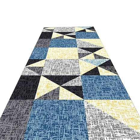 Teal Extra Long Washable Non Slip Runner Mats Geometric Hallway