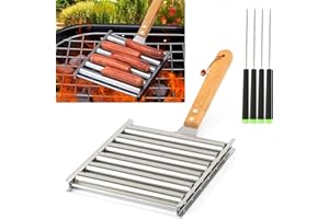 KAYCROWN Hot Dog Roller for Grill Stainless Steel BBQ Hot Dog Grill Roller with Wooden Handle, Sausage Roller Rack for Evenly Cooked Hot Dogs, 4 BBQ Skewers Included, 5 Hot Dog Capacity, Medium