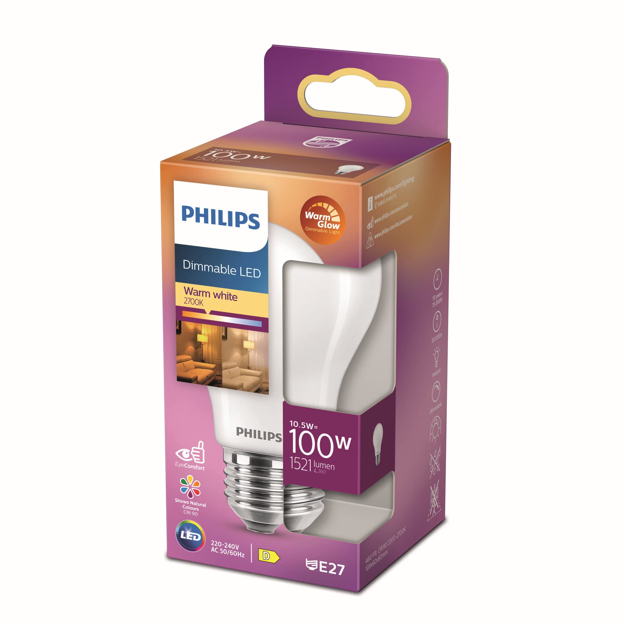 Philips E27 Standard LED Light Bulb – 100 W Warm White Frosted Glass Dimmable – Glass