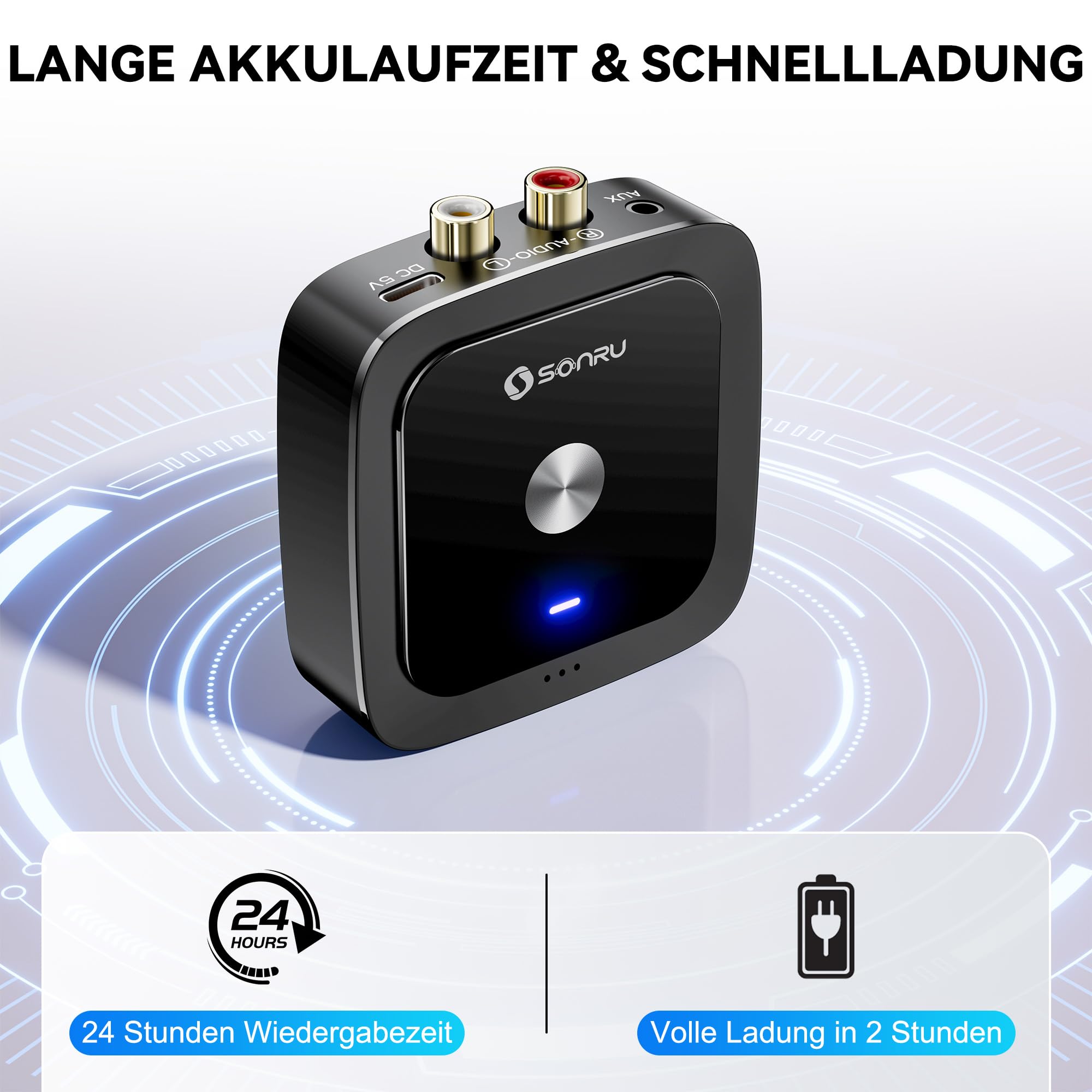 SONRU Bluetooth 6.0 Adapter Empfänger Klinke, Aux Bluetooth Receiver Audio Adapter Stereo mit 3 5mm Klinke und RCA Kabel für Stereoanlage Lautsprecher, Autoradio, Verstärker 6