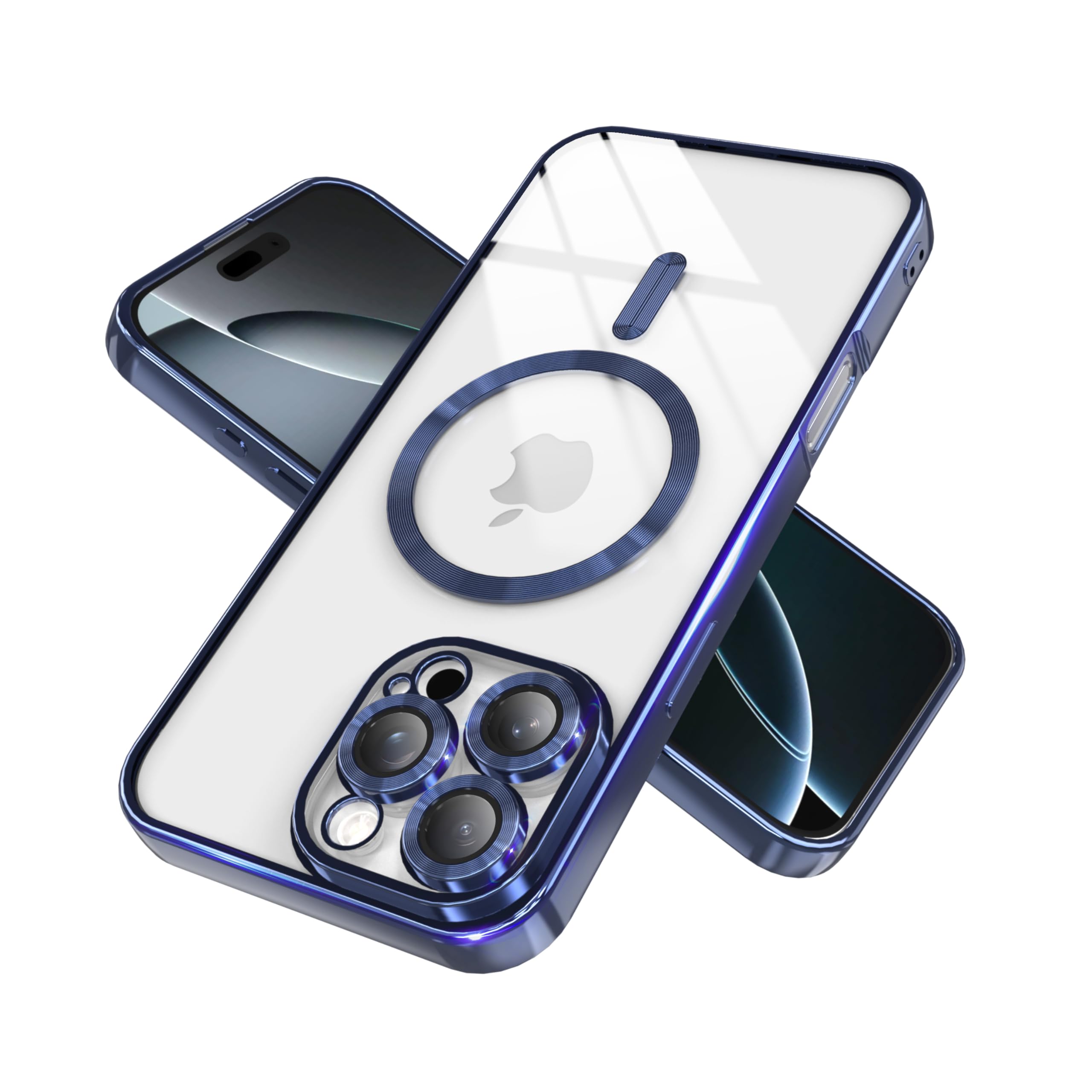 Photo 1 of IAIYOXI Magnetic Clear Case for iPhone 12 Pro with Full Camera Lens Protection,Compatible with MagSafe,Plating Soft TPU Phone Case,Anti-Scratch Shockproof Slim Cover for Women Gilrs Men - Navy Blue