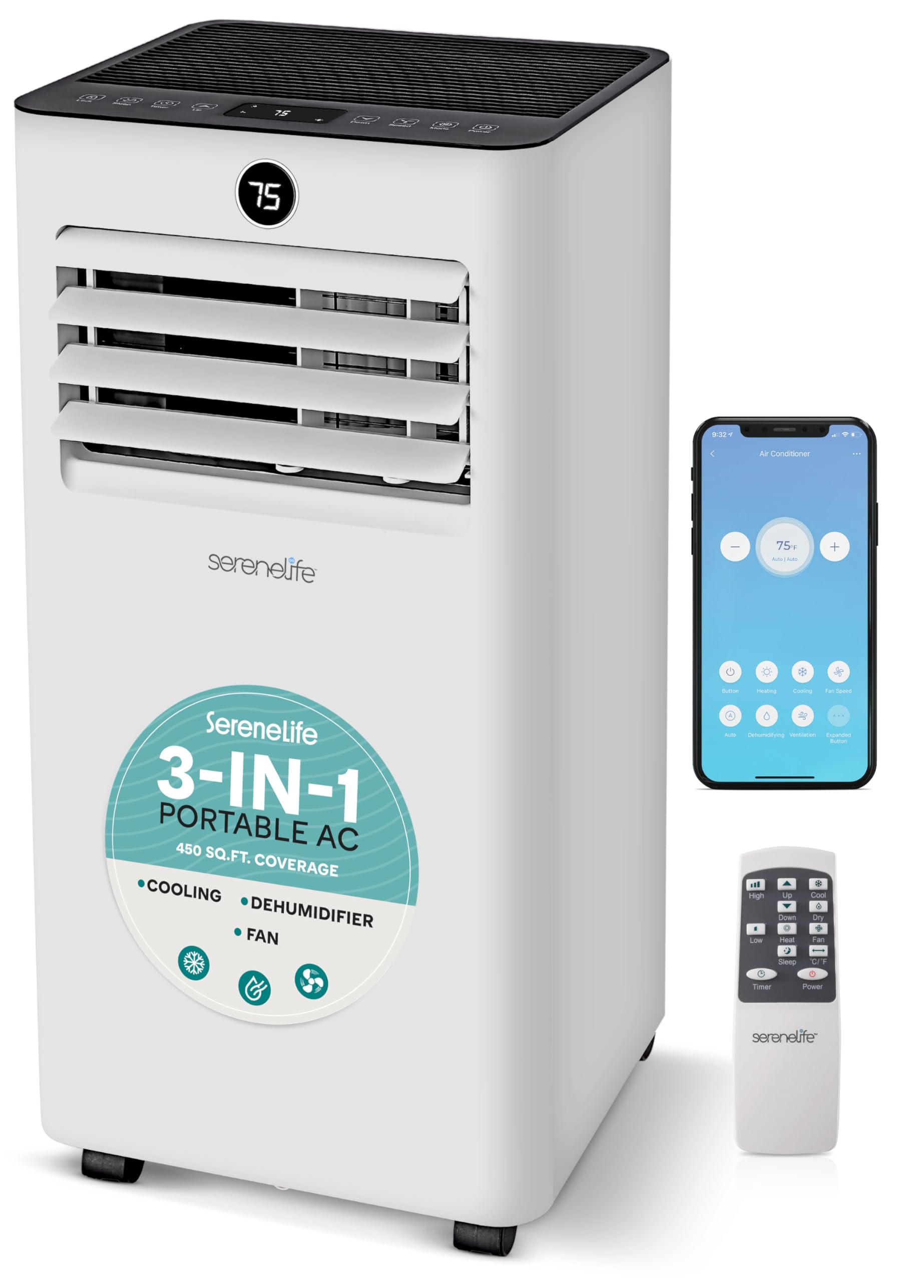 Photo 1 of SereneLife 10,000 BTU Portable Air Conditioner with WiFi Control, 3-in-1 Cooling, Dehumidifier & Fan, Compact Indoor AC Unit for 450 Sq. Ft. Coverage, Includes Window Exhaust Kit & Remote