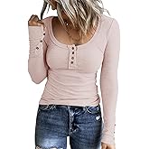 KINLONSAIR Women’s Long Sleeve Henley T Shirts Button Down Slim Fit Tops Scoop Neck Ribbed Knit Shirts