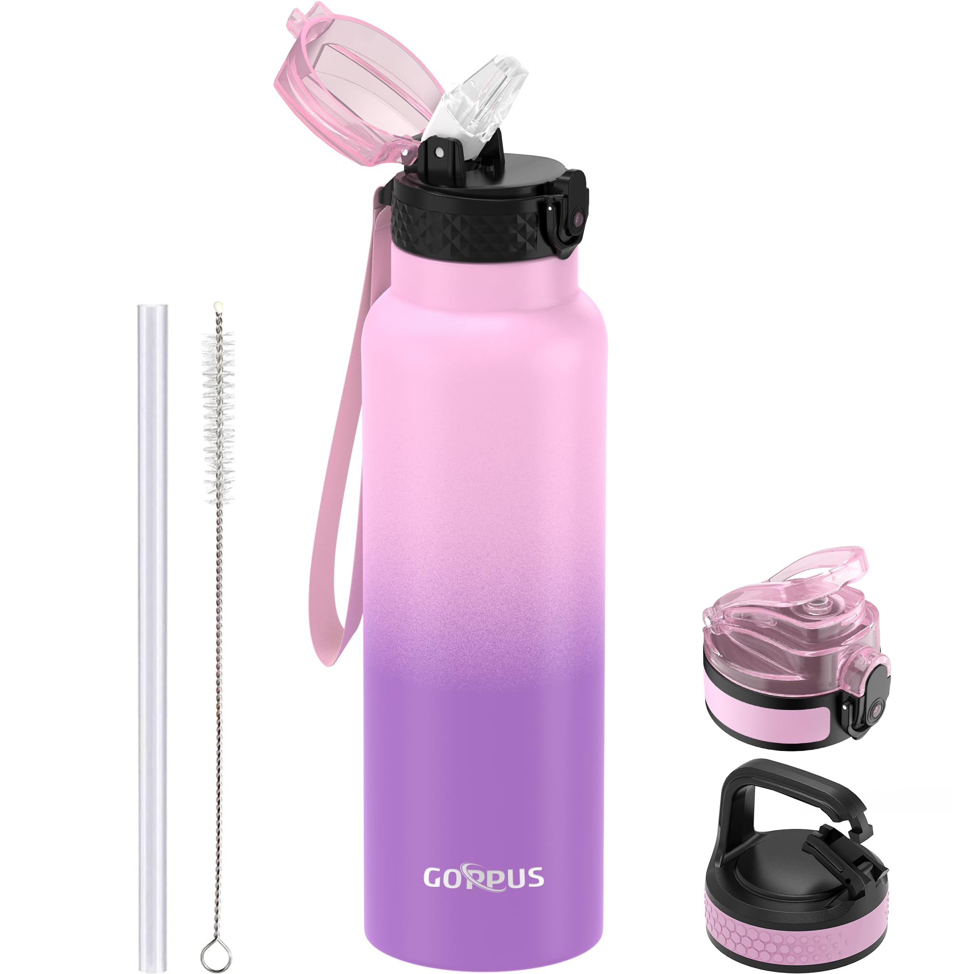 GOPPUS 750ml/26oz Stainless Water Bottle with Straw Double Wall Insulated Bottles with Strap Reusable Vacuum Thermal Flask Leakproof Keep Cold Drinks Bottles with Flip Top Lid for Men Women BPA Free