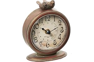 Creative Co-Op Vintage Pewter Mantel Clock with Birds, Distressed Brown