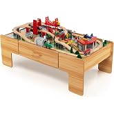 Costzon 2-in-1 Wooden Train Table with Storage Drawer | Kids Activity Table w/ 100 Pieces Railway, Track, Cars, City, DIY Design, Reversible Tabletop, Gift for Boys Girls