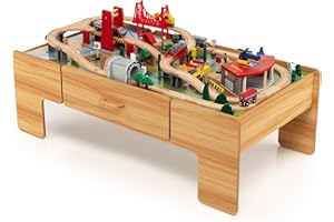 Costzon Train Table with 100 Multicolor Pieces, Wooden Kids Activity Table with Large Rolling Storage Drawer, Tracks, Cars, D