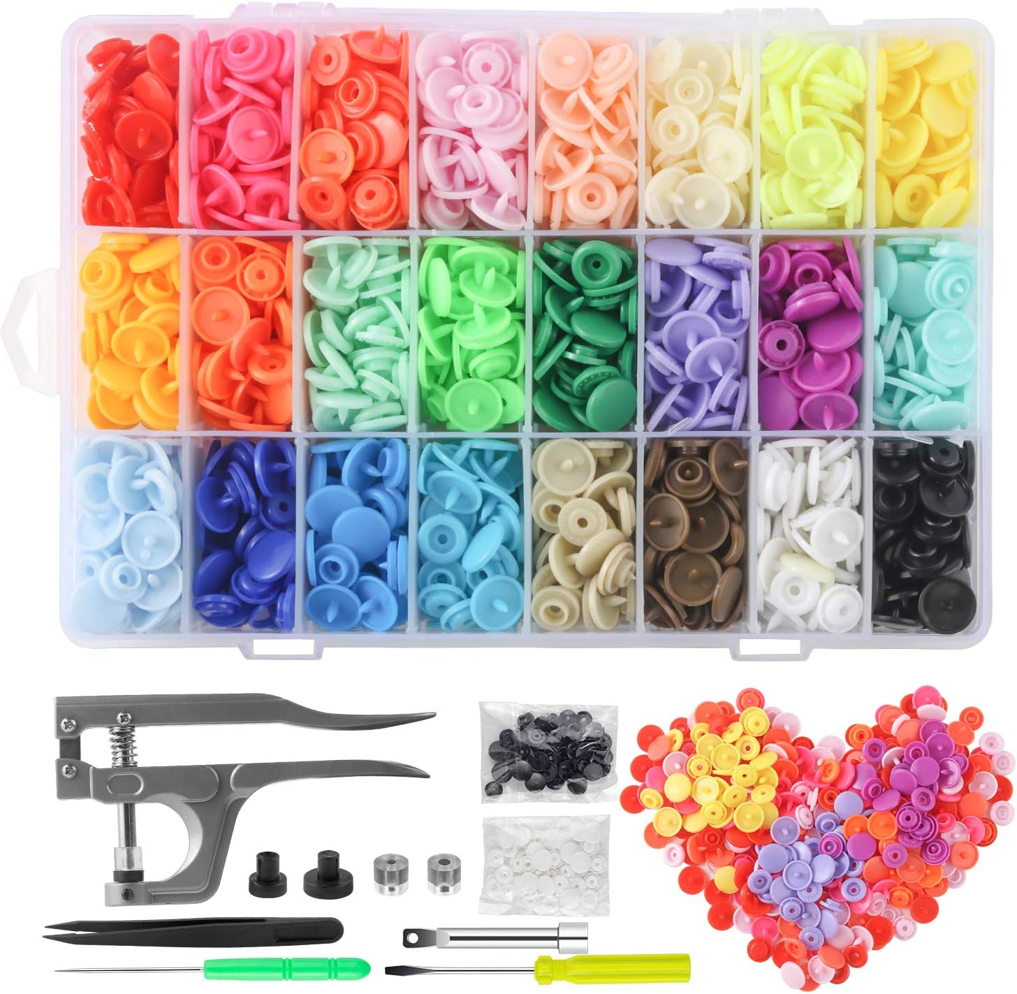 MSDADA Snaps Buttons Snap Pliers, 400 Sets 24-Colors T5 Plastic Buttons, No-Sew Starter Fasteners Kit for Sewing, Crafting, Clothing and Baby Diaper Bibs