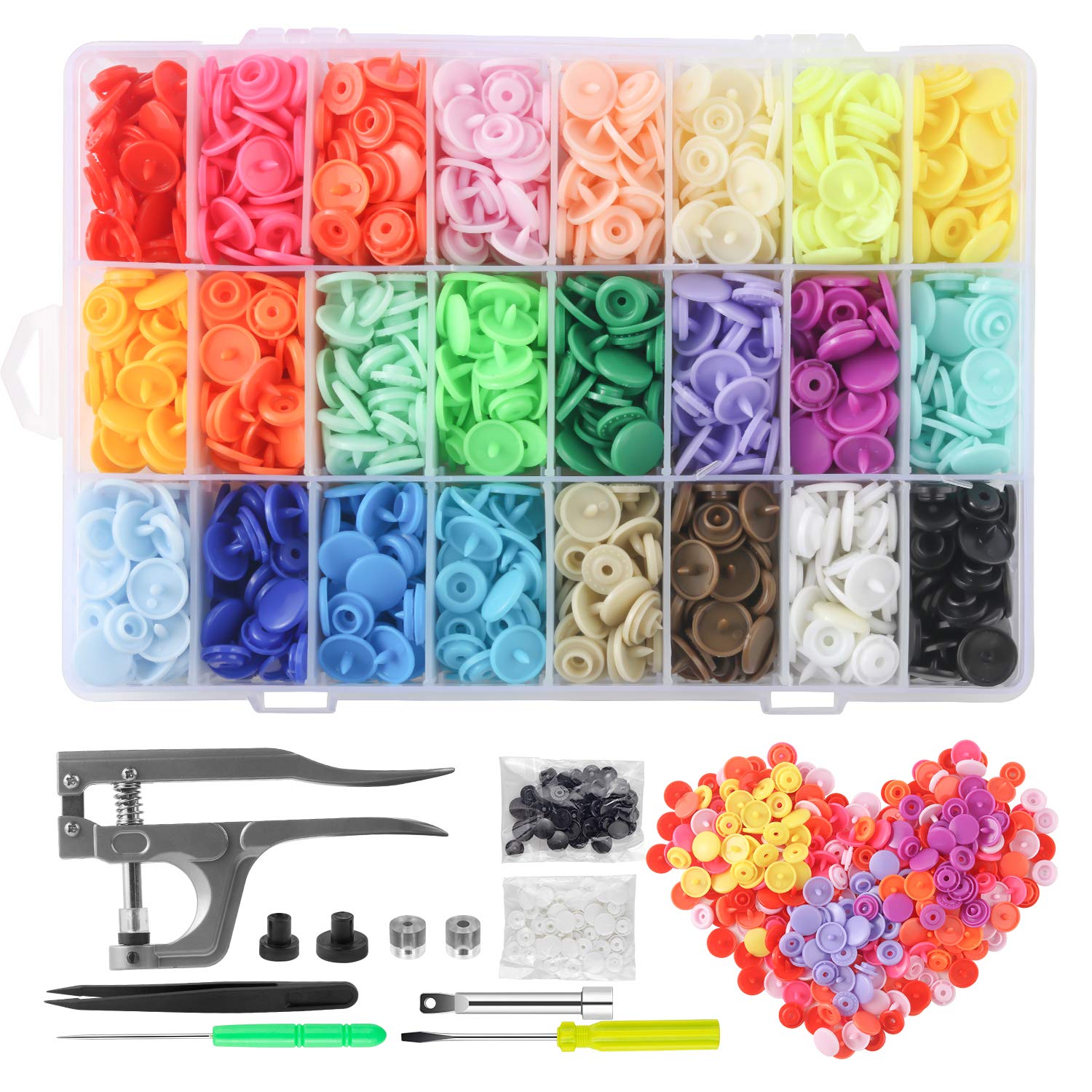 400 Sets Snap Fasteners Kit, MSDADA 24 Colors Poppers Fasteners, T5 Plastic Snap Buttons, Press Studs Snap Fasteners No Sewing with Kam Snap Pliers for Clothing, Bibs, Diapers, DIY Crafts