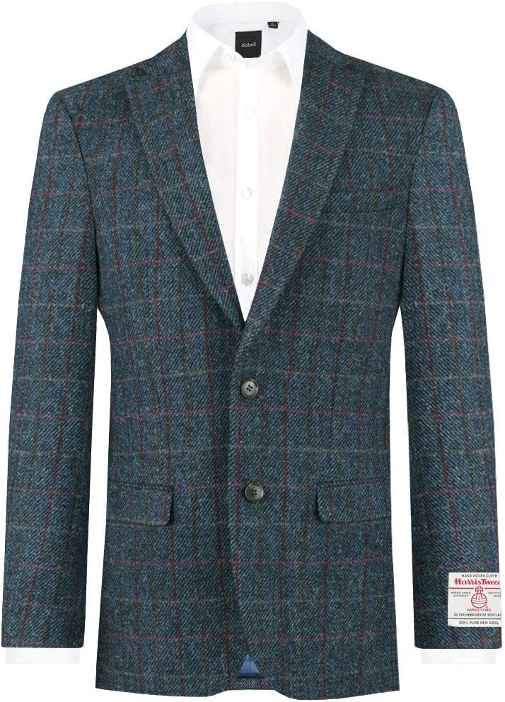 DobellHarris Tweed Mens Dark Blue Windowpane Check Tweed Jacket Regular Fit 100% Wool Notch Lapel