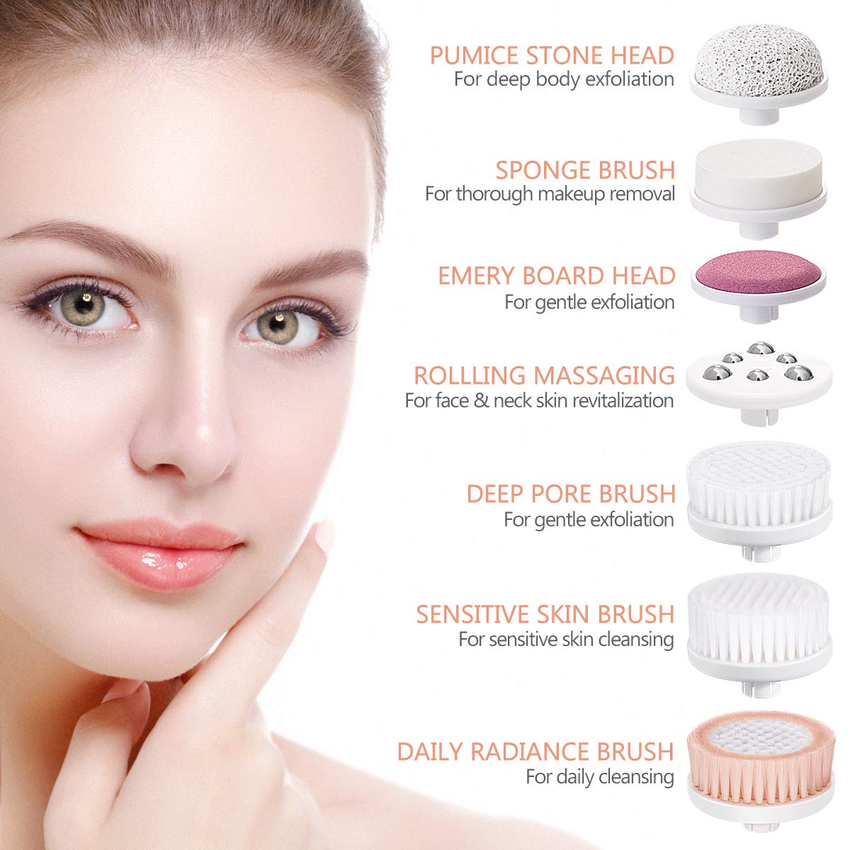 Facial Cleansing Brush, Waterproof Face Brush Skin Cleansing Scrub with 7 Heads, ETEREAUTY Spin Brush for Deep Cleansing Exfoliation, Facial Cleanser Brush for Massaging, Skin Exfoliation (White): Beauty