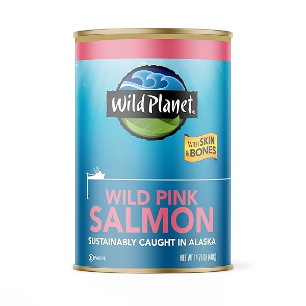 WILD PLANET WILD PINK SALMON WITH SKIN AND BONES, TINNED FISH, CANNED SALMON, SUSTAINABLY WILD-CAUGHT, NON-GMO, KOSHER, GLUTEN FREE, KETO AND PALEO, 14.75 OUNCE SINGLE