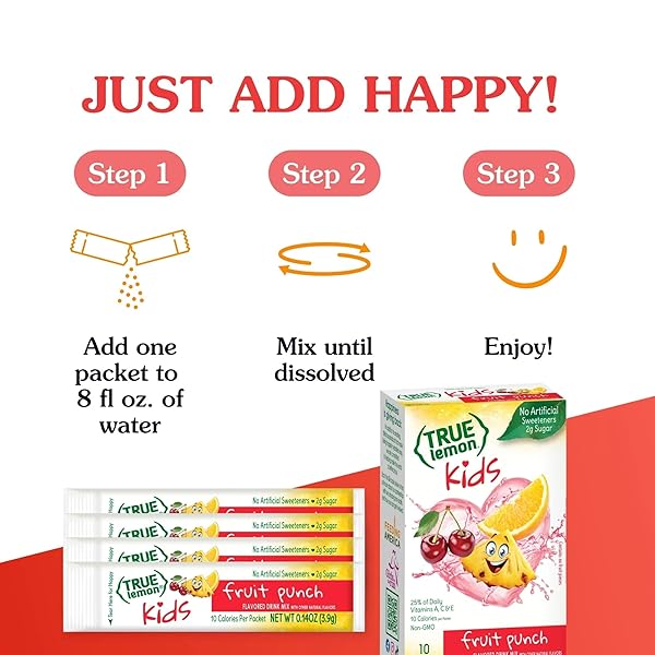 TRUE LEMON, FRUIT PUNCH PACKETS LOW SUGAR NO PRESERVATIVES KIDS HYDRATION DRINK MIX, 1.38 OUNCE