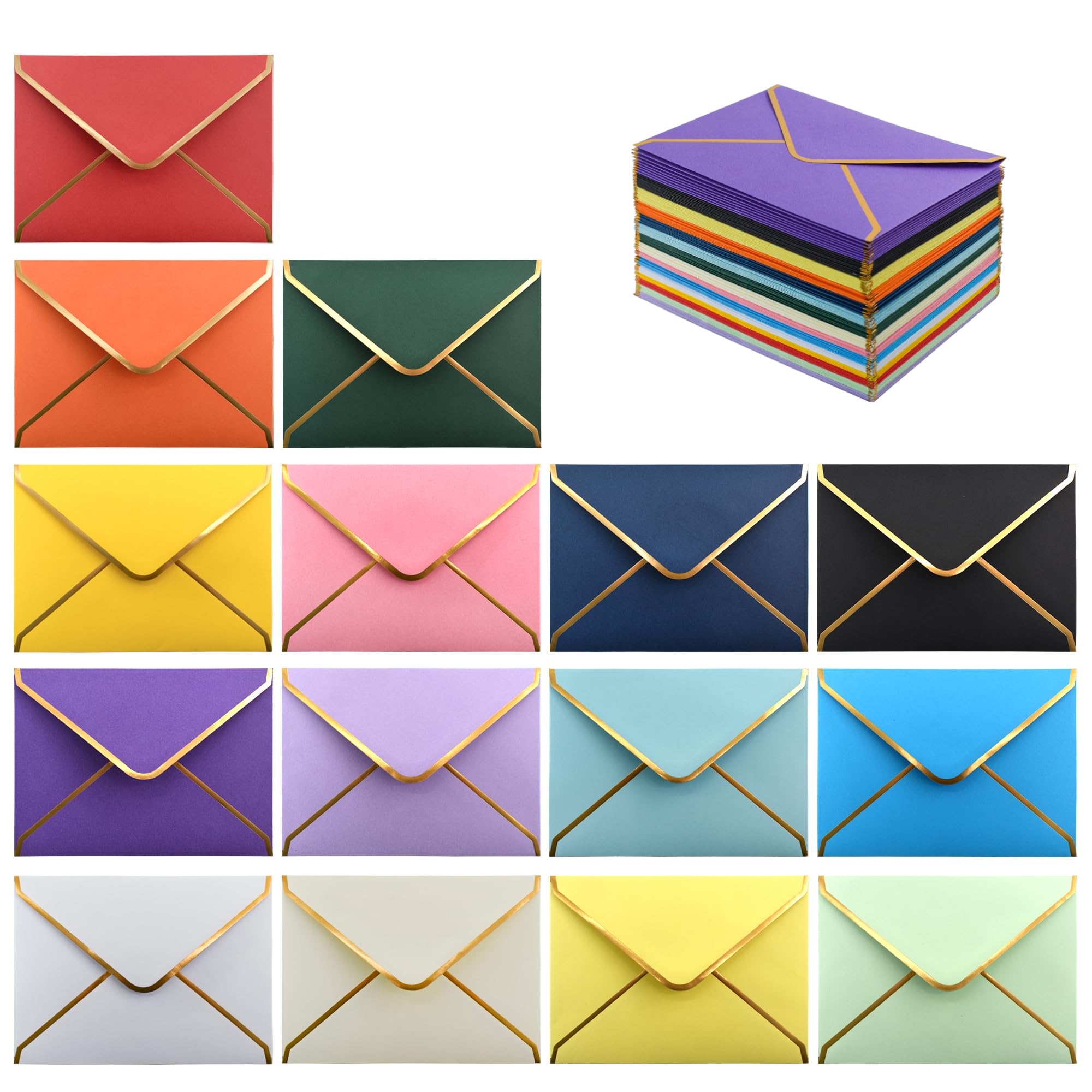 VANRA 150 PCS Colorful Invitation Envelopes Self Seal A6 Envelopes V Flap with Gold Border for 4 x 6 Greeting Cards, Wedding Invitations, Graduations, Photos (15 Assorted Colors, A6)