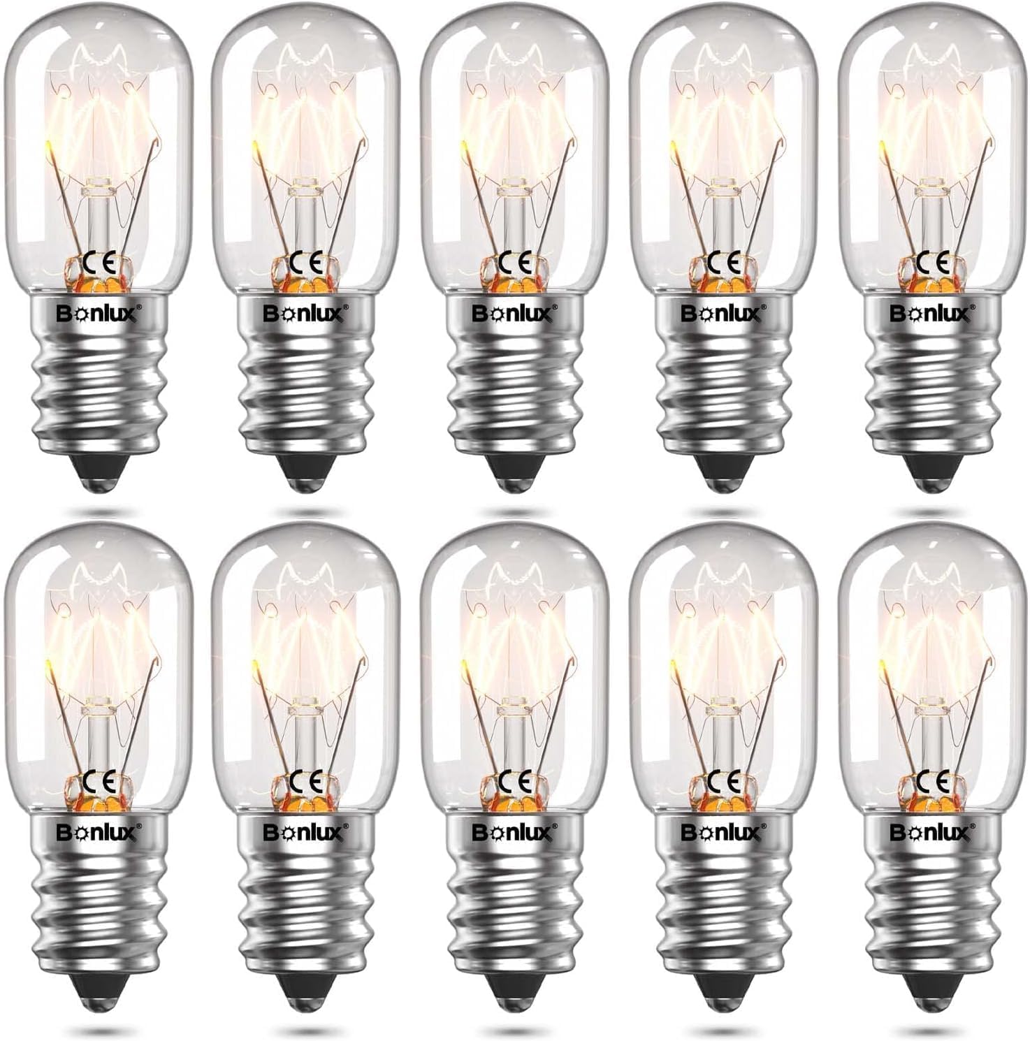 Bonlux 10-Pack Salt Lamp Bulbs E14 16W Fridge Bulb High Temp 300° Oven Light Bulbs Dimmable E14 SES Small Edison Screw Pygmy Lamp Bulbs T22 Tubular Appliance Light Bulb