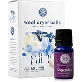 Woolzies Wool Dryer Balls Organic: 6 XL Laundry Balls for Dryer + 10 ml Lavender Essential Oil Combo for use as 100% Pure and