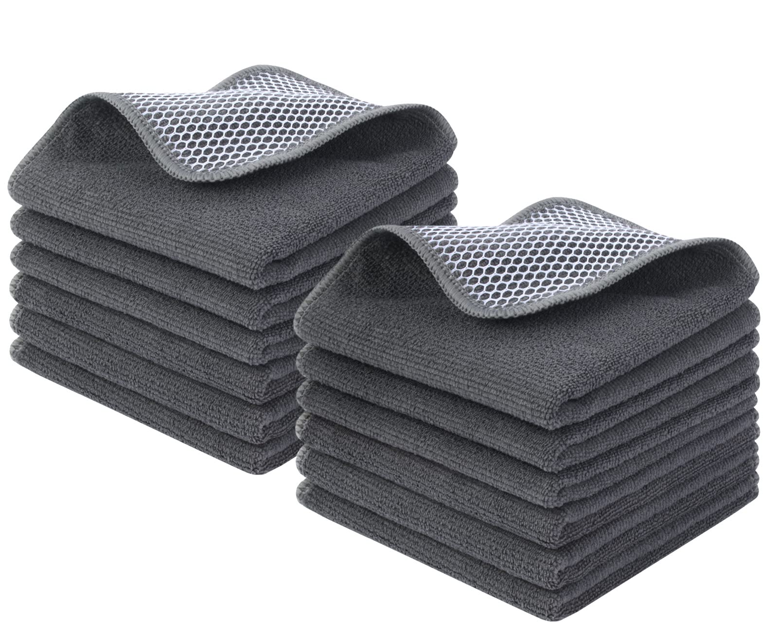 KinHwa 12 Pack Microfibre Dish Cloths Absorbent and Fast Dry Reusable Cleaning Cloth with Scrub Side for Kitchen Cleaning and Washing up 30x30 cm Grey