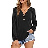 Amoretu Women V Neck Tops Long Sleeve Shirt Loose Casual T Shirt Blouse