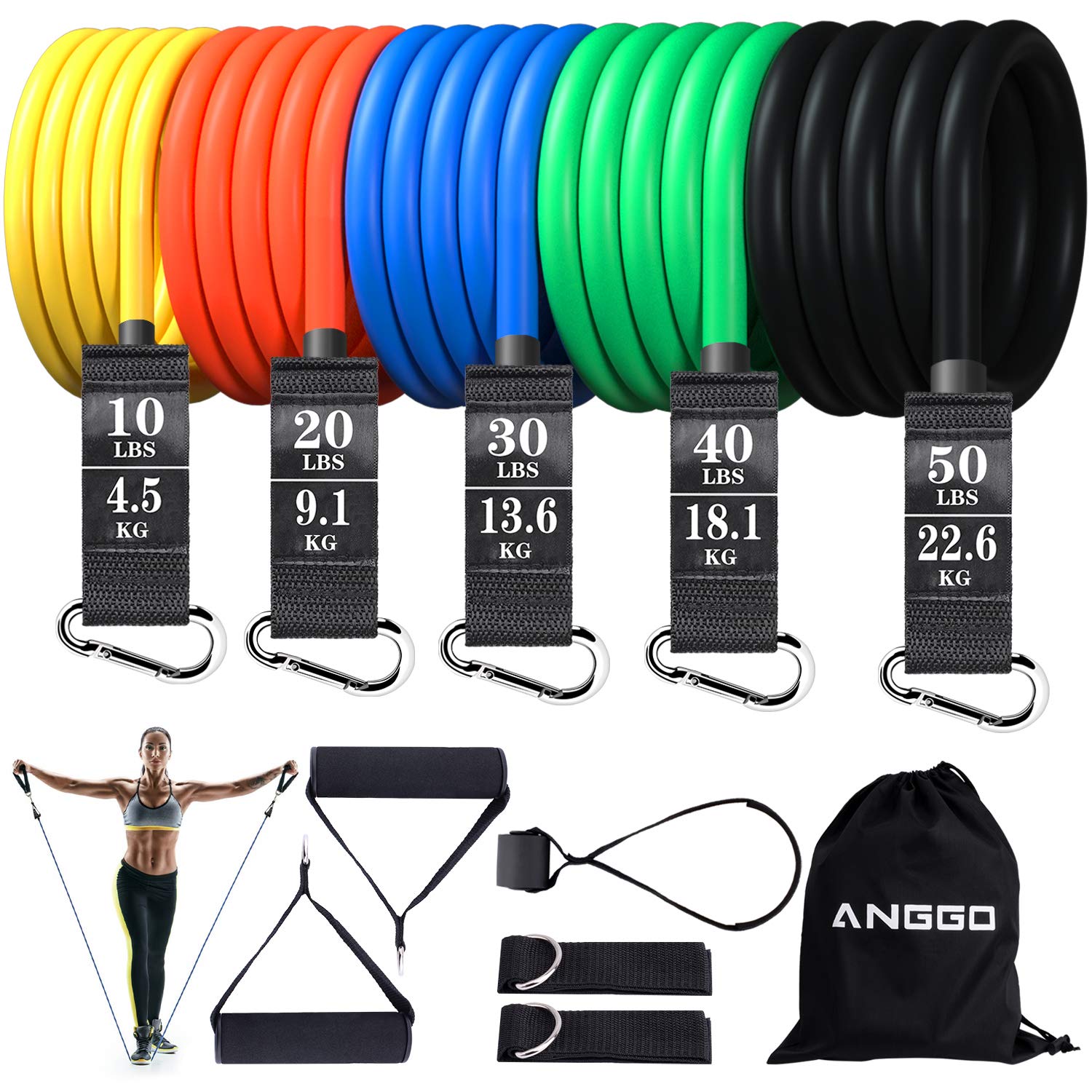 ANGGO Resistance Bands Set, Resistance Bands Exercise Training Bands to 150lb with Handles, Ankle Straps, Door Anchor, Workout Bands Stretching Elastic Bands for Fitness, Strength, Yoga, Home, Gym