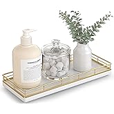 Bathroom Tray for Counter Top Organizer – Oak Wood Vanity Tray with Metal Frame for Dresser, Kitchen, Nightstand – Gold & White Decorative Storage