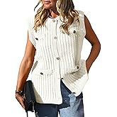 Saodimallsu Womens Sleeveless Sweater Vest Button Up Cable Knit Crew Neck Trendy Casual Loose Summer Cardigan