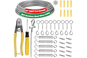 NVAAV 1/8" Metal Curtain Wire Hanging System, 100ft 7×7 Strands 304 Stainless Steel Vinyl Coated Tension Cable, Turnbuckles for Guy Wire Kit, Clothesline, Plant Climbing Long Rope, Outdoor String Lights