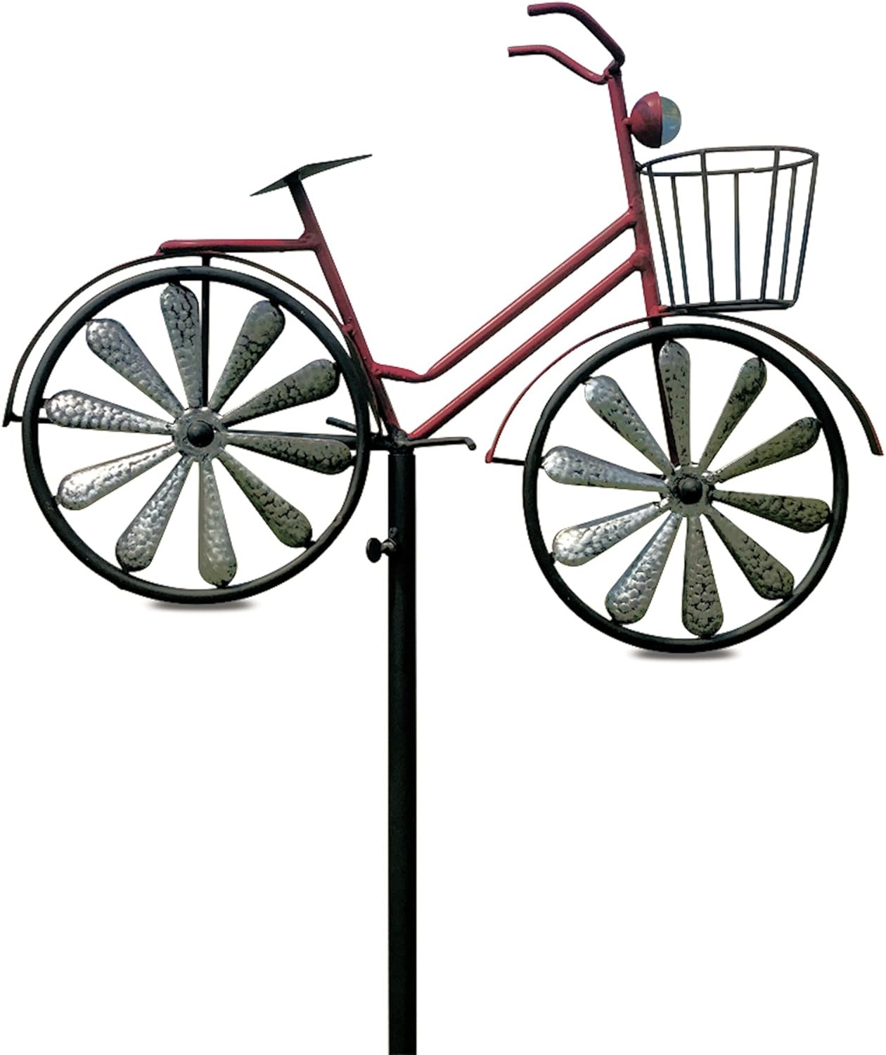 WHW Whole House Worlds Americana Red Bike Garden Stake with Spinning Wheels, Front Basket, Vintage Style Details, Outdoor Decoration, Rustic Red with Antiqued Finish, Over 4 Feet Tall (52 Inches)