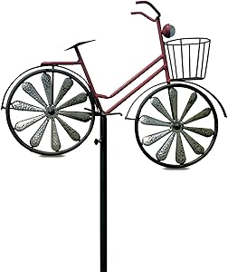 WHW Whole House Worlds Americana Red Bike Garden Stake with Spinning Wheels, Front Basket, Vintage Style Details, Outdoor Decoration, Rustic Red with Antiqued Finish, Over 4 Feet Tall (52 Inches)