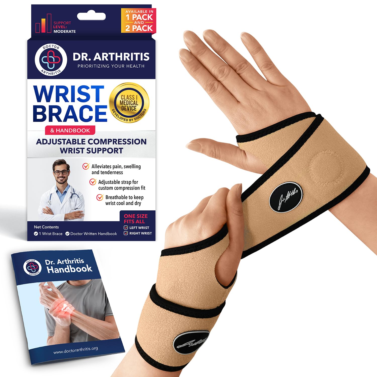 Dr. Arthritis Wrist Support Brace & Doctor Handbook – Adjustable Wrist Strap, Wrist Wrap and Hand Support for Men & Women, Ideal for Work, Typing, Exercise and Everyday Wear (Nude Pair)