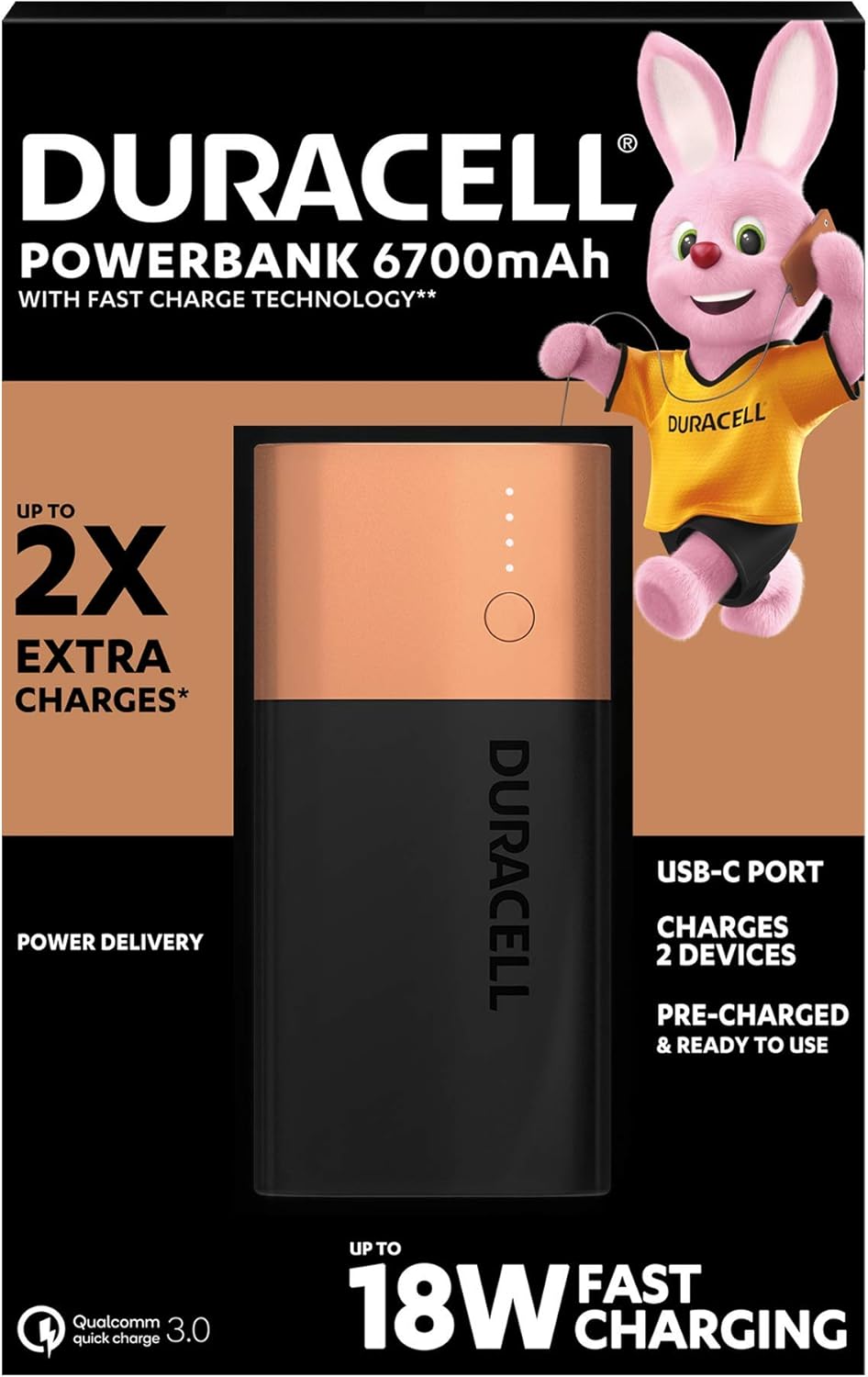 Duracell Power Bank 6700 mAh, Portable Charger with USB C + Fast Charge Technology IN/OUT, black, Unit pack