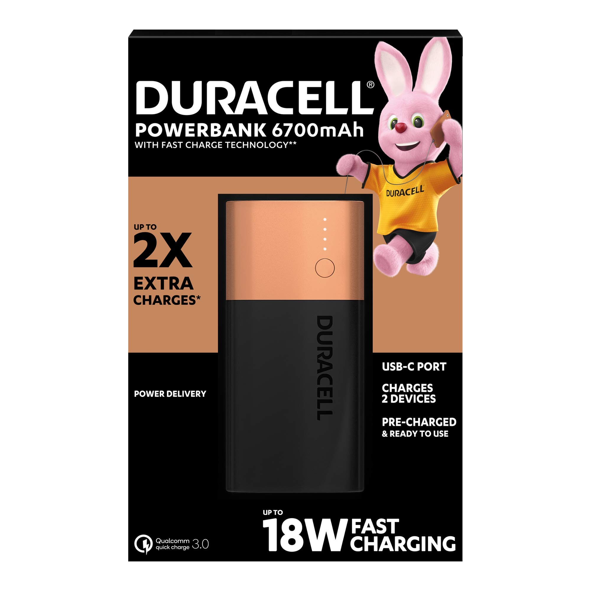 Duracell Power Bank 6700 mAh, Portable Charger with USB C + Fast Charge Technology IN/OUT