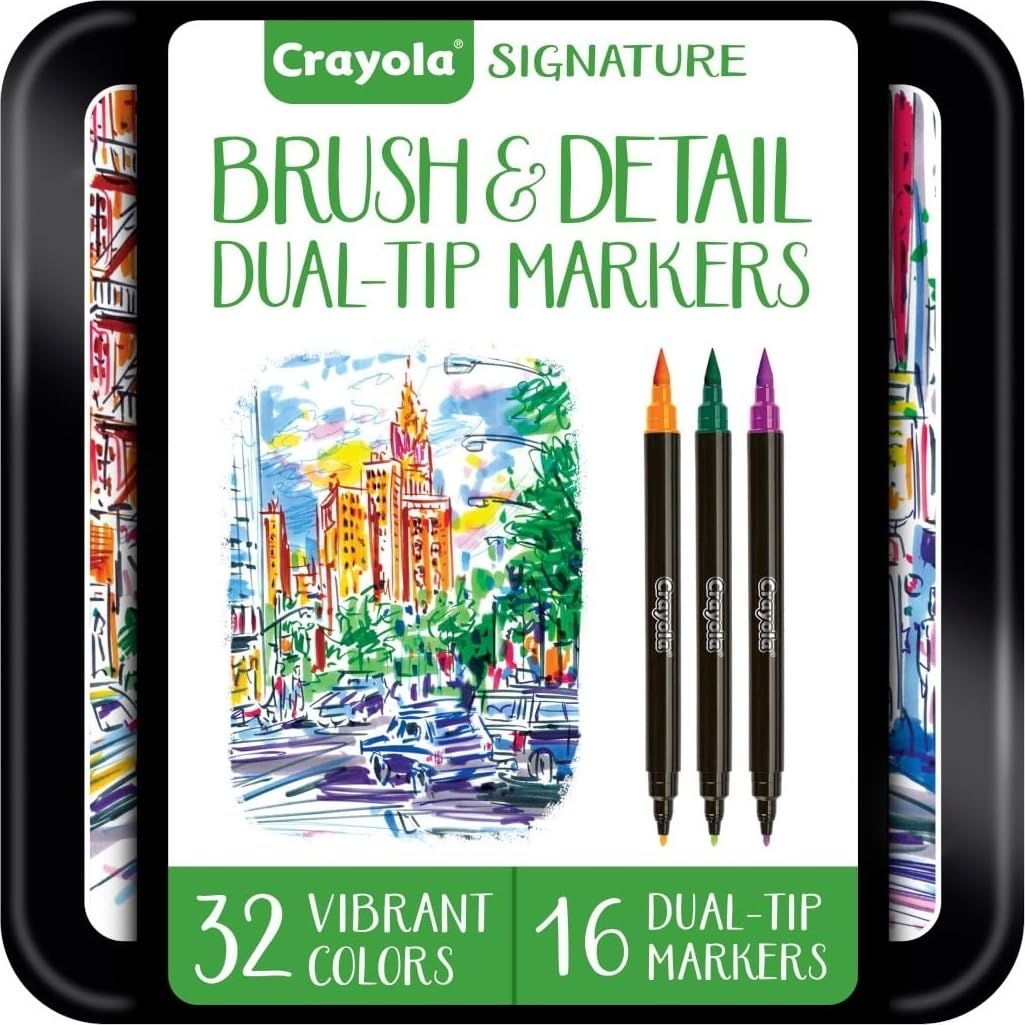 Crayola Brush & Detail Juego de marcadores de doble punta, 16 marcadores, 32 colores, marcadores para colorear para adultos, regalos para adolescentes y adultos