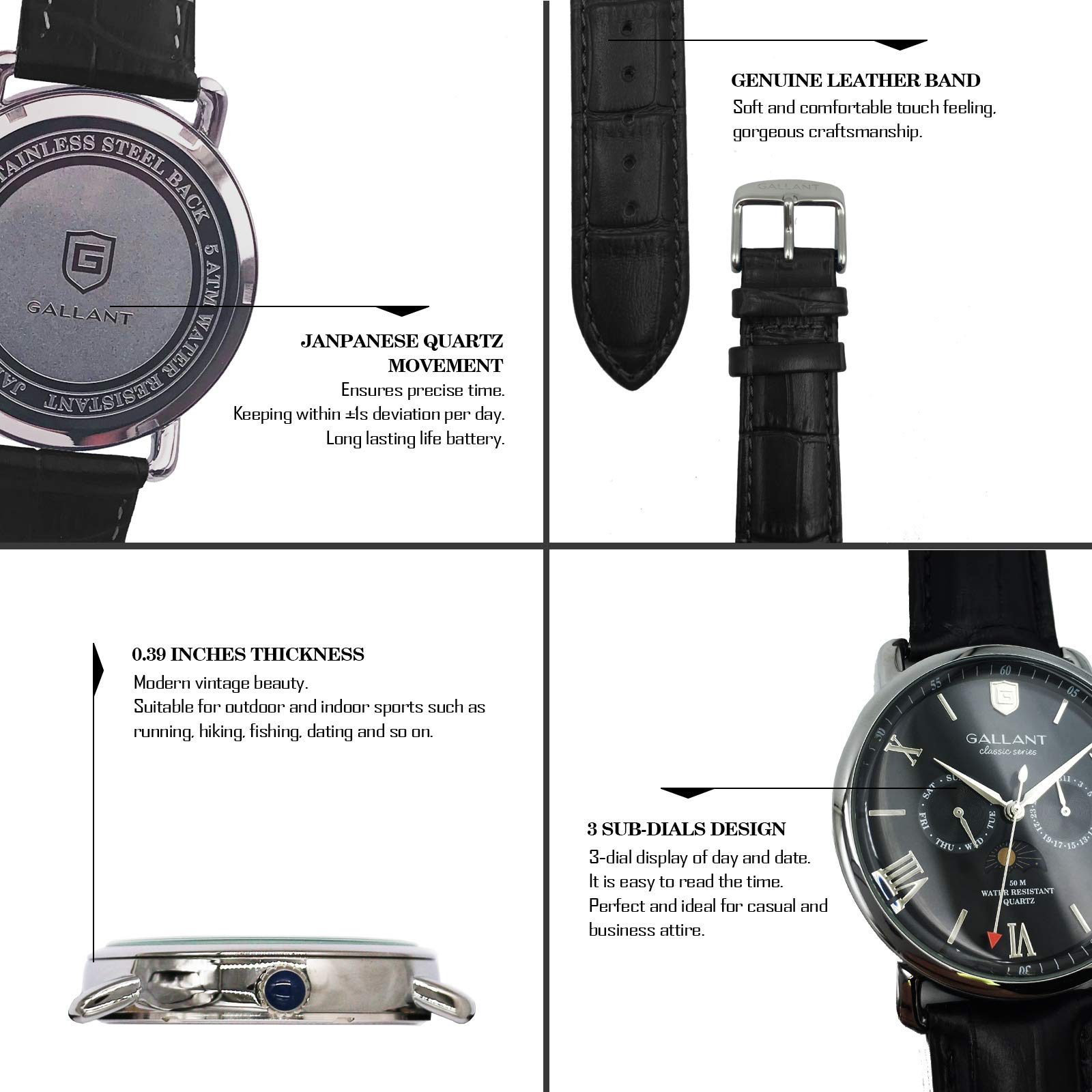 Mens Wrist Watch, GALLANT Analog Quartz Watches Men Wristwatch Leather Band Strap with Date Moon Phrase Date Calendar Waterproof Black Dial Casual Watch for Sports Daily Business