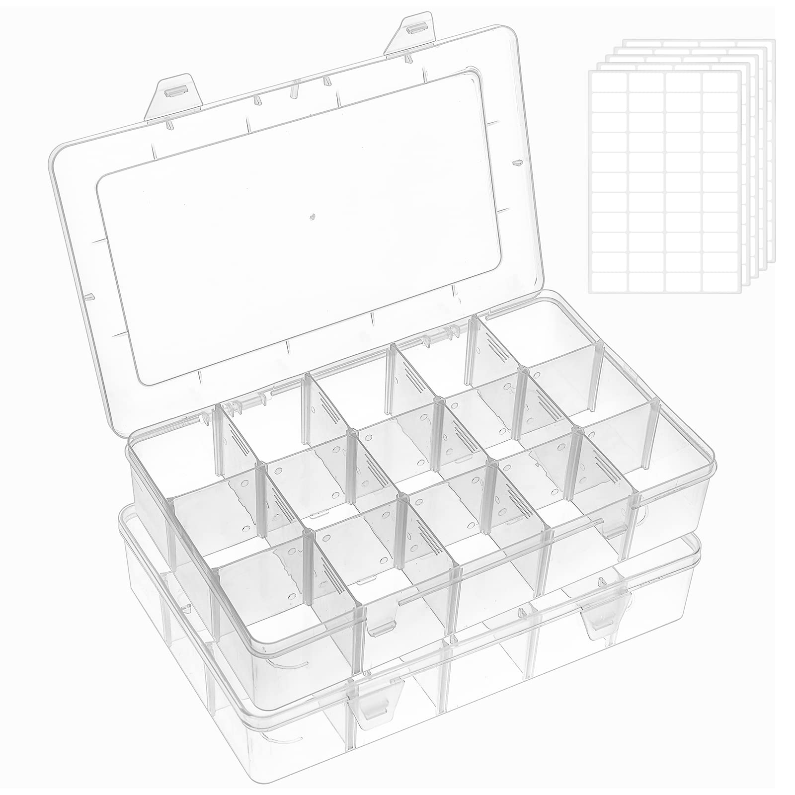 FFowcye 2 Pack 15 Grids Craft Storage Boxes with Compartments, Screw Organiser Storage Box, Clear Small Parts Organiser for Bead Screw Tackles Snack Washi Tape Thread Earring Toys Arts and Crafts — image 1