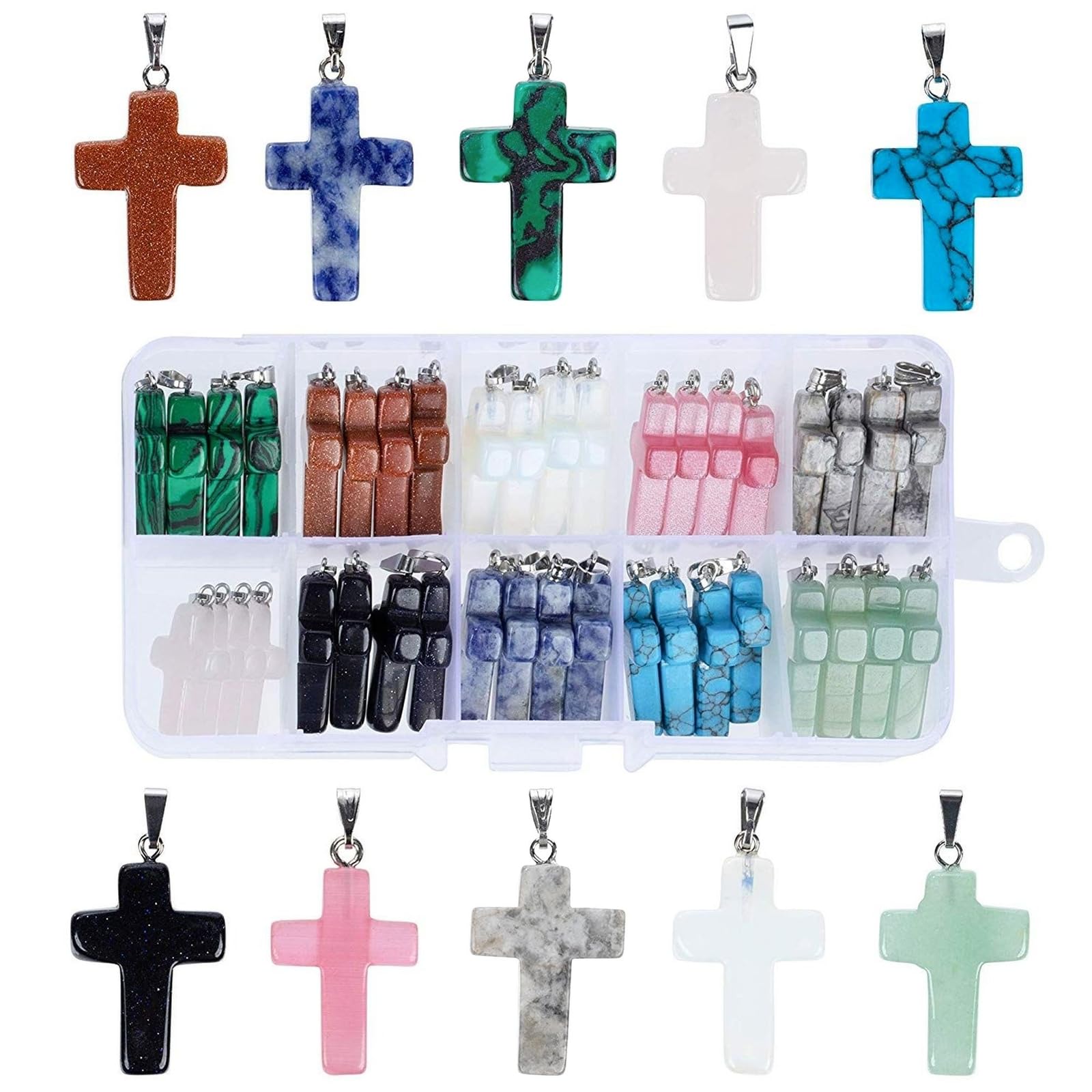 Cross Pendants - 40-Piece Stone Cross Pendants for Jewelry Making, 10 Colors, Gemstone Cross Charms for Crafting Necklaces, Bracelets, Keychains