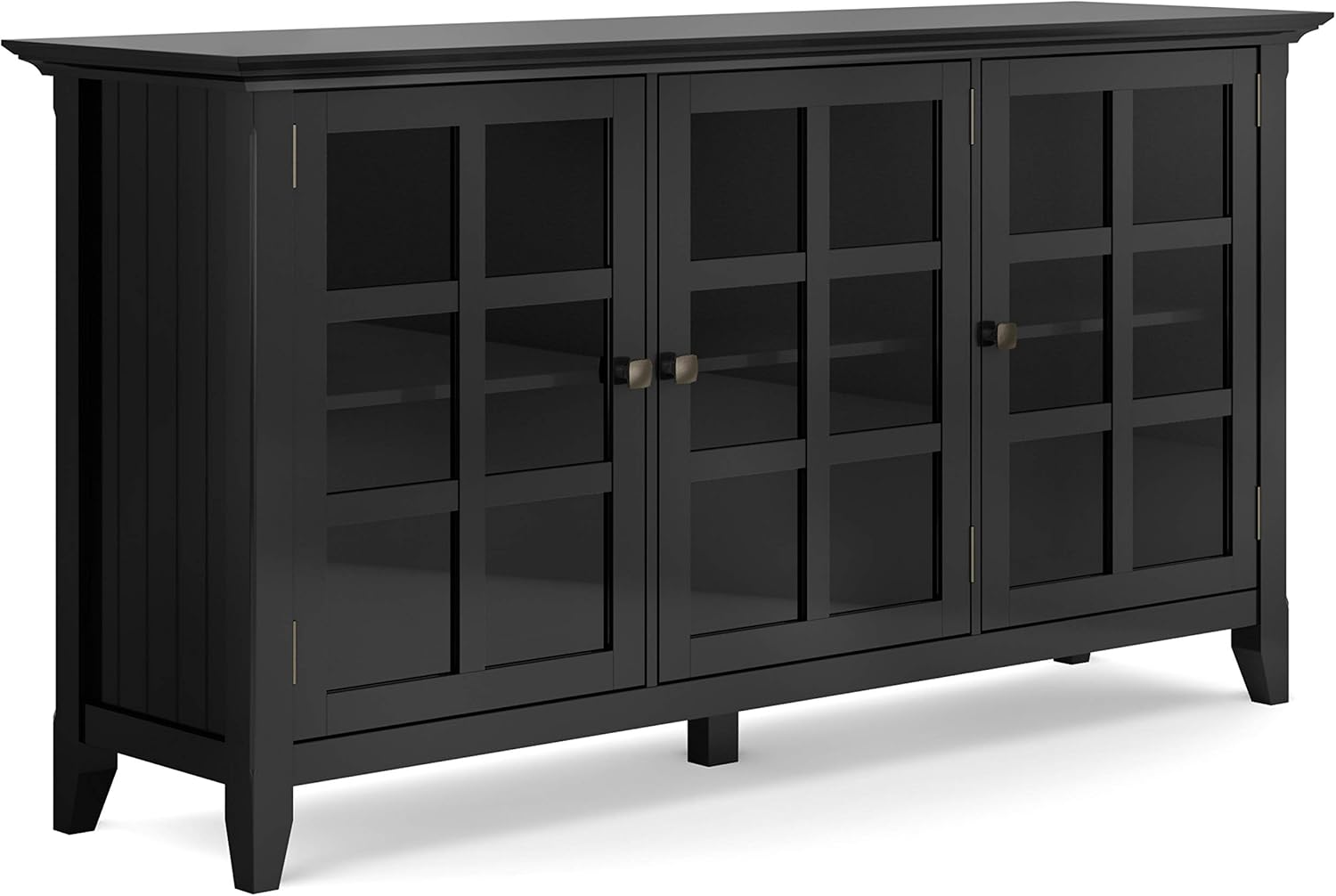 SIMPLIHOME Acadian SOLID WOOD 62 inch Wide Rustic Wide Storage Cabinet in Black, with 3 Tempered Glass Doors, 3 Adjustable Shelves