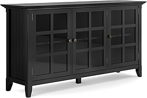SIMPLIHOME Acadian SOLID WOOD 62 inch Wide Rustic Wide Storage Cabinet in Black, with 3 Tempered Glass Doors, 3 Adjustable Shelves