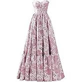 Mollyevers Satin Floral Jacquard Prom Dresses for Women Strapless Corset Long Formal Evening Gowns with Pockets