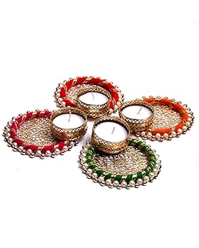 Prapti Handicrafts Handcrafted TeaLight Metal Candle Holders for Diwali Decoration/Diya with Candles Set of 4 Pieces
