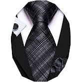 Barry.Wang Tie Sets for Men Silk Stripe Necktie Woven Checkered Handkerchief Cufflinks Formal Business Wedding