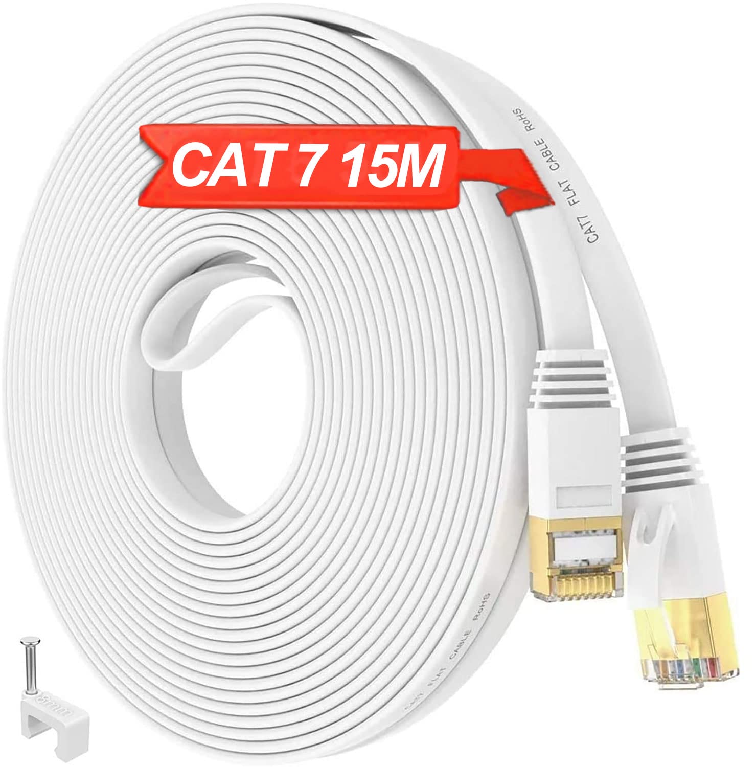 Network Cable 15m, Cat 7 Ethernet Cable 15m High Speed, Flat White Internet Cable RJ45 15 meter, Shielded Outdoor Indoor LAN Cable 10Gbps 600MHz STP, Long Gigabit Patch Cord for Router PC (15 Clips)