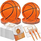LINHAXM 96 PCS Basketball Party Decorations - Basketball Plates and Napkins Forks for Soprts Basketball Birthday Party Decorations, Serves 24