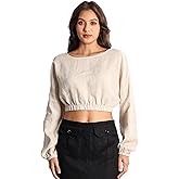 EELOTILE Women's Pure Linen Boat Neck Blouse Long Sleeve Cropped Elastic Cuffs and Hem Tops
